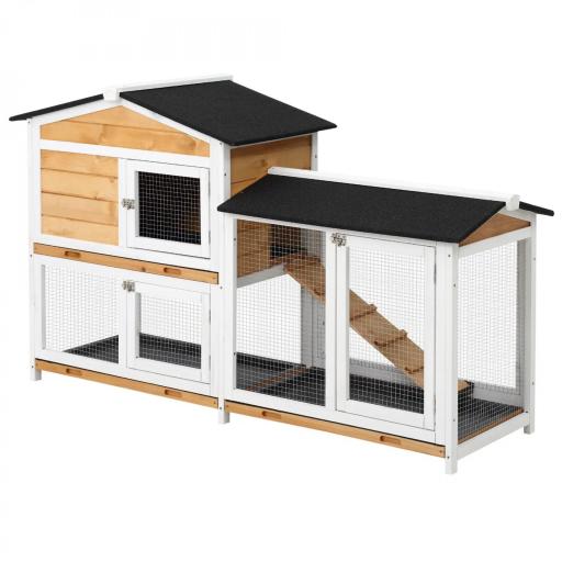 Conejera de Madera Exterior Jaula para Conejos de 2 Niveles con Techo Asfáltico 2 Corrales de Metal Bandeja Extraíble 2 Puertas y Rampa 157,4x53x93,5 cm Natural [10]