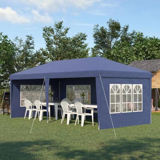 Carpa Plegable 6x3 m con 4 Laterales Desmontables Cenador de Jardín con 4 Ventanas Visibles y Bolsa de Transporte Azul