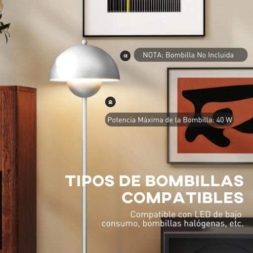 Lámpara de Pie para Salón Moderna con Pantalla de Cuenco Interruptor de Pie Casquillo E27 Sin Bombilla Ø30x155 cm Plata [3]