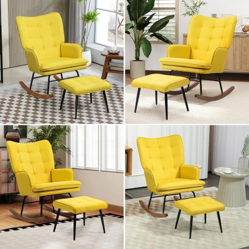 Silla Mecedora con Reposapiés Cojín Acolchado y Reposabrazos Carga 130 kg Amarillo [2]
