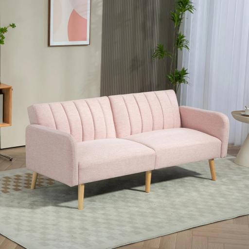 Sofá Cama de 3 Plazas Rosa Pastel Tapizado en Lino Sintético con Respaldo Ajustable y Reposabrazos Desmontables 173x75x73 cm Rosa