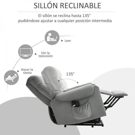 Sillón de Masaje Relax Sillón Levantapersonas con Reclinación Eléctrica hasta 135° Control Remoto y 8 Zonas de Masaje Tapizado en Terciopelo y Acolchado 79x97x103 cm Gris [3]