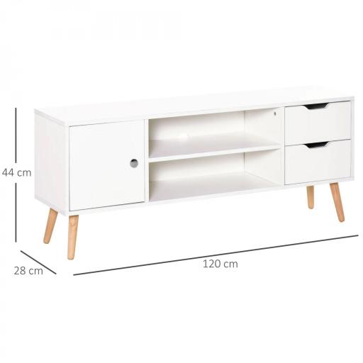 Mueble de TV para Televisiones de 50" Mesa de Salón con Puerta 2 Estantes Abiertos y 2 Cajones 120x28x44 cm Blanco [1]