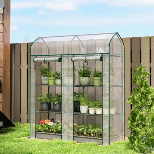 Invernadero Pequeño de 3 Niveles 2 Puertas Enrollables Marco de Acero Cubierta de Plástico 143x46x165 cm Transparente