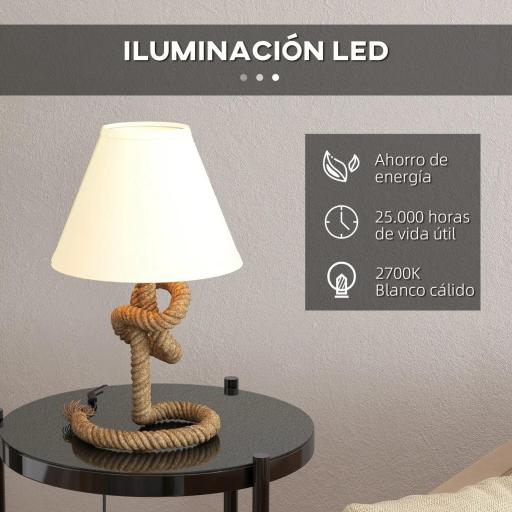 Lámpara de Mesa LED con Base de Metal Cuerda de Lino y Pantalla de Tela Max.40W Ø28x45,5 cm Marrón y Beige [2]