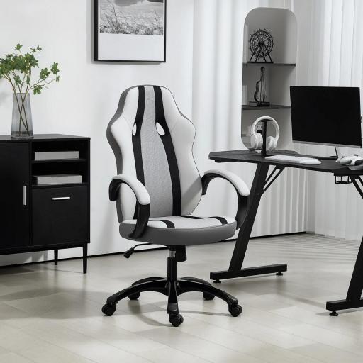  Silla Gaming Tapizada en PU y Malla Silla Gamer Giratoria con Función de Basculante Altura Ajustable Gris [5]