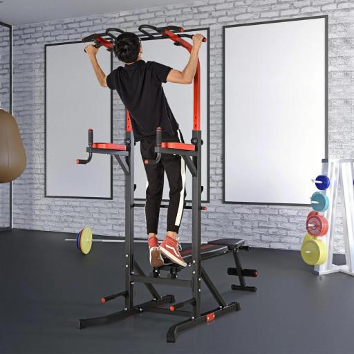 Estación de Musculación Torre de Entrenamiento con Altura Ajustable y Respaldo Regulable en 5 Posiciones Barra de Dominadas Fitness Flexiones Acero 108x178x202-238 cm Negro