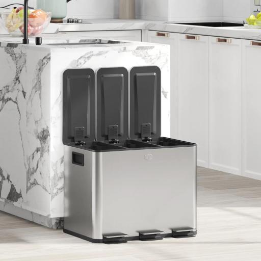 Papelera Cocina de Acero Inoxidable con 3 Compartimentos 3x10L con Pedales Tapas de Cierre Suave y Cubo Extraíble Plata [3]