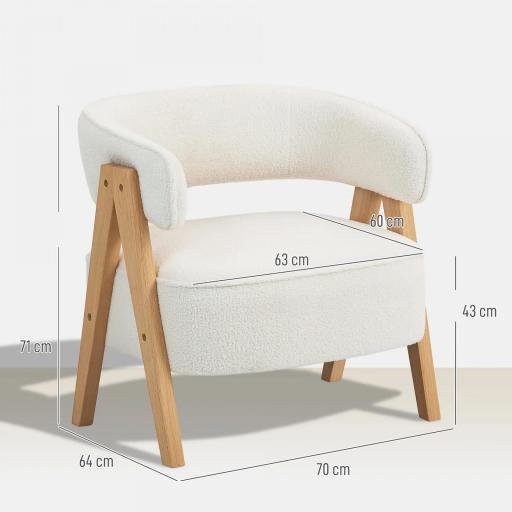 Butaca de Salón Tapizada en Borreguito Acolchada Gruesa Patas de Madera Respaldo Curvado 70x64x71 cm Blanco [2]