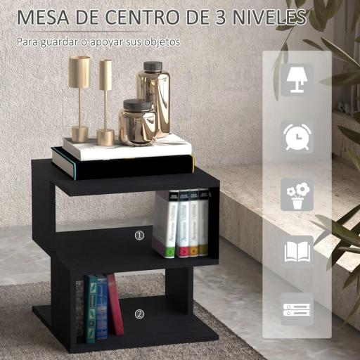 Mesa Auxiliar Cuadrada de 3 Niveles con 3 Estantes Abiertos de Almacenaje para Salón Dormitorio 40x40x43 cm Negro [5]