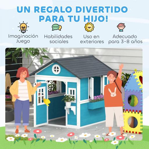 Casita de Madera Infantil con Puerta Ventanas Jardineras y Repisas con Detalles de Color 114x126,4x135 cm Azul [4]