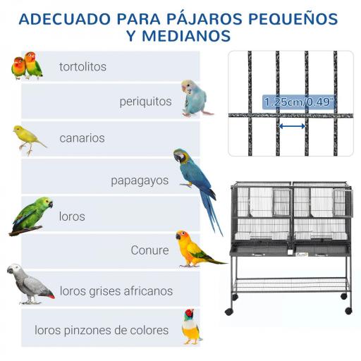 Jaula para Pájaros con Ruedas Pajarera Doble con 2 Bandejas Múltiples Puertas 4 Comederos 4 Perchas 95x45,5x102 cm Gris [5]