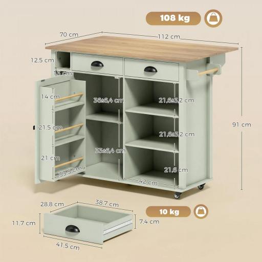 Isla de Cocina con Ruedas Tapa Abatible Especiero Toallero Armario 2 Cajones 117,5x70x91 cm Verde Claro [1]