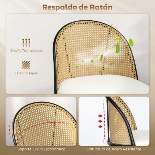 Juego de 2 Taburetes de Bar con Respaldo de Ratán Asiento Tapizado en Borreguito Marco de Acero y Reposapiés Crema [2]