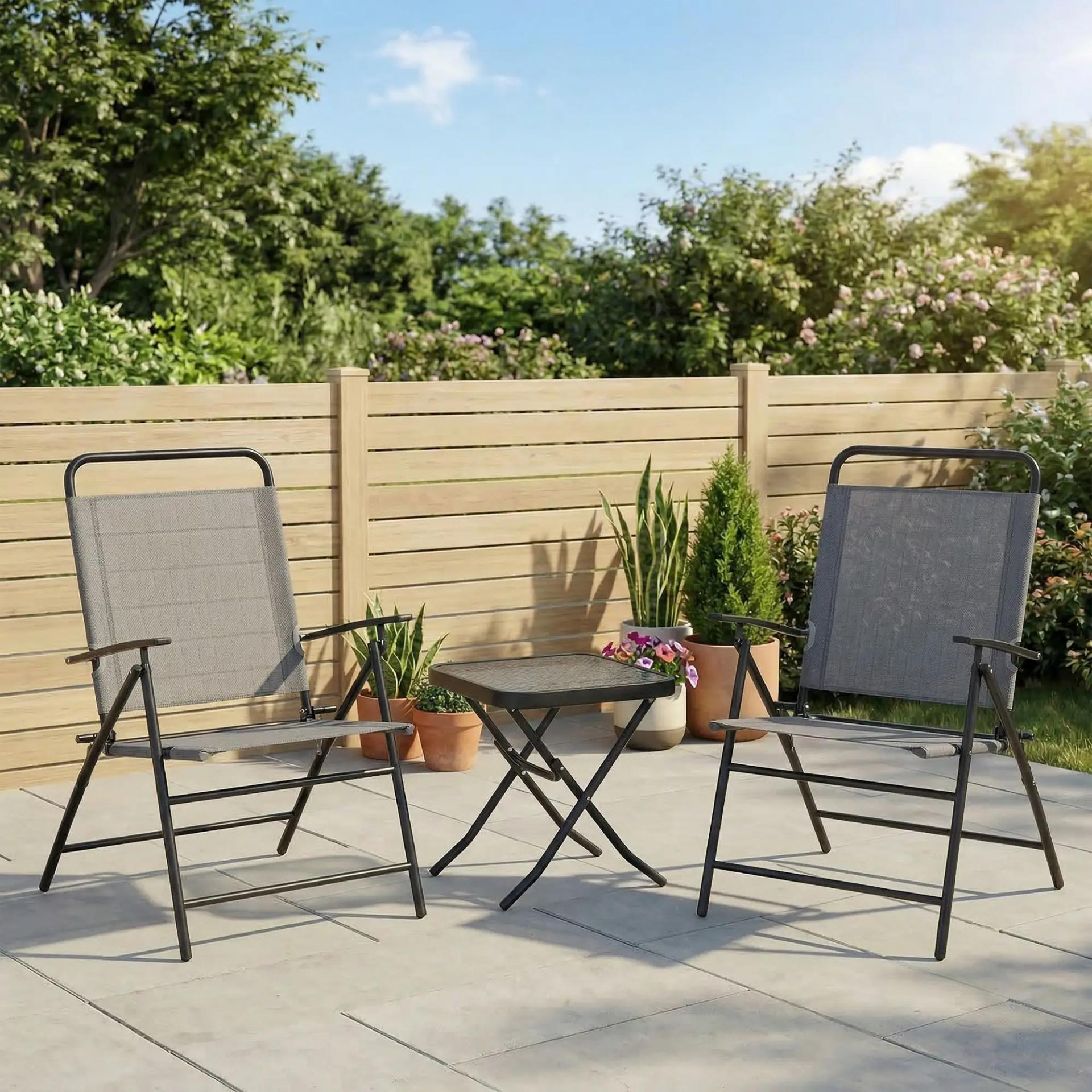 Conjunto de 3 Piezas Mesa con Encimera de Cristal y Sillas Plegables con Respaldo Regulable para Terraza Exterior Gris