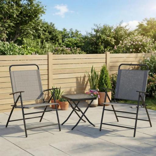 Conjunto de 3 Piezas Mesa con Encimera de Cristal y Sillas Plegables con Respaldo Regulable para Terraza Exterior Gris