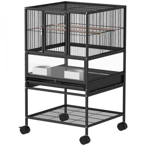 Jaula para Pájaros con Paneles Acrílicos Comederos Soporte Ruedas y Estante Inferior 48x46x83 cm Negro [8]