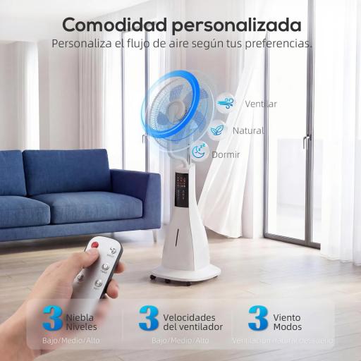 Ventilador Nebulizador 90W Oscilación de 75° 3 Velocidades 5 Aspas Depósito de Agua de 3L 5 Ruedas Control Remoto [1]