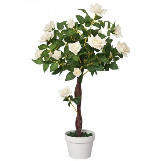 Planta Artificial de 90 cm Rosa Blanca Realista con 21 Flores y 350 Hojas Anti-UV Maceta de Cemento Verde [9]