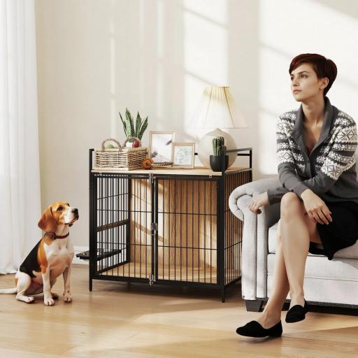 Jaula para Perros Mesa Auxiliar Moderna con Soporte Giratorio con 2 Tazones y 2 Puertas 80x56x76,5 cm Roble