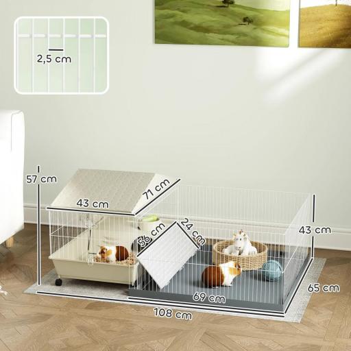 Jaula para Animales Pequeños con Corral Desmontable Cuenco Botella de Agua y Dispensador de Heno 108x71x57 cm Beige [1]