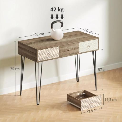 Escritorio Boho-Chic con Cajones Patas Horquilla y Encimera Espaciosa para Oficina Dormitorio Tocador 105x50x75cm Madera [6]