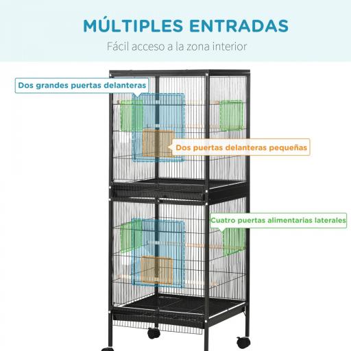 Jaula para Pájaros de 2 Niveles con Ruedas Bandejas Extraíbles Puertas Comederos Perchas 51,5x50x140 cm Negro [5]
