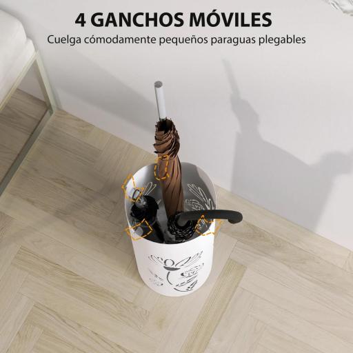 Paragüero de Acero con 4 Ganchos y Bandeja de Goteo Extraíble y Diseño Decorativo 17x17x41 cm Blanco [5]