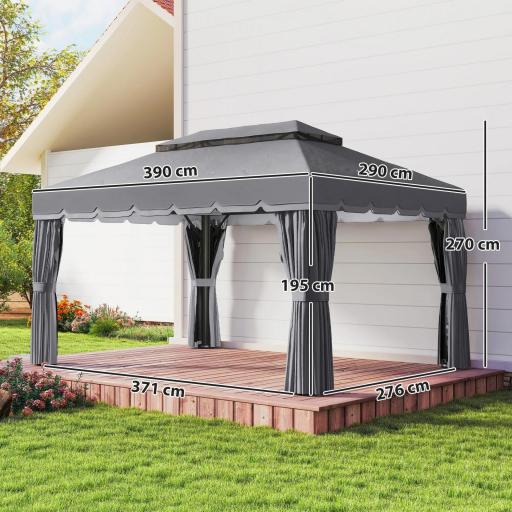 Cenador de Jardín 4x3m Pabellón de Jardín Gazebo con Doble Techo 4 Cortinas y Mosquitera Marco de Aluminio UPF50+ Gris [1]