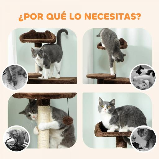 Árbol Rascador para Gatos 140 cm con Plataformas Cama 2 Cuevas Hamaca Escalera Postes de Sisal Marrón [5]