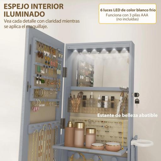 Espejo Joyero con Luces LED Armario Joyero con Espejo Entero Giratorio de 360° Cajón Cerradura Gris Claro [2]