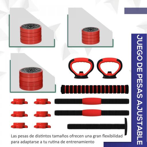 Kit de Gimnasio 4 en 1 con Barra de Pesas Mancuernas Kettlebell para Entrenamiento de Fuerza en Casa Color Rojo y Negro [5]
