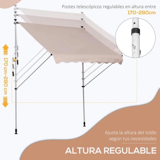 Toldo Manual Retráctil 200x150x170-280 cm para Balcón y Terraza con Altura Ajustable con Manivela Beige [8]