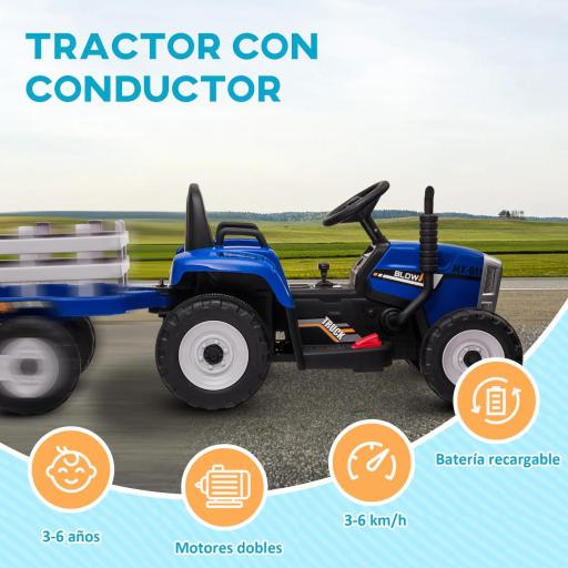 Tractor Eléctrico con Remolque para Niños 3-6 Años con Control Remoto y Cinturón de Seguridad 136,5x50x52,5 cm Azul [2]