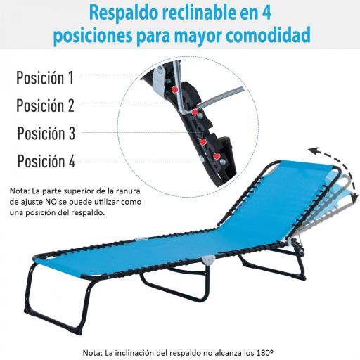 Tumbona Plegable, Tumbona Jardín Exterior Reclinable 4 Posiciones con Reposacabezas y Marco de Acero, Carga 120 kg, para Terraza, Piscina, Playa, 189x58x30 cm, Azul Claro [2]