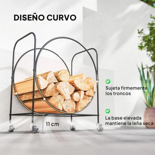 Leñero Exterior Metálico de Chimenea Soporte para Leña con Ruedas para Interior y Exterior 51x30x60 cm Negro [3]