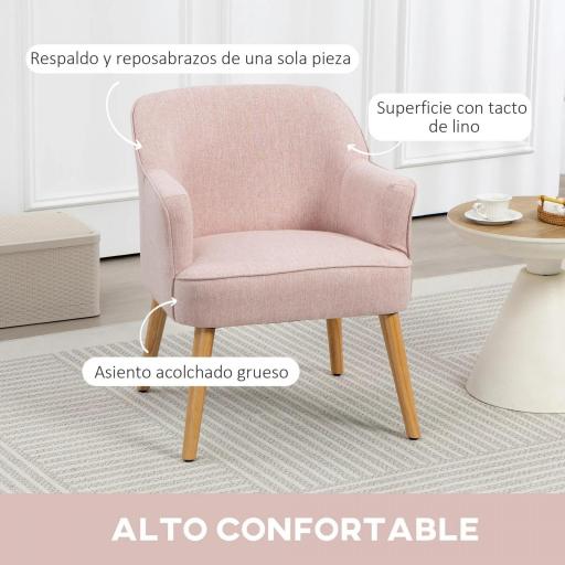Butaca de Salón Moderna Sillón Individual Tapizado en Lino con Patas de Madera Carga 120 kg 64,5x65x79,5 cm Rosa [2]
