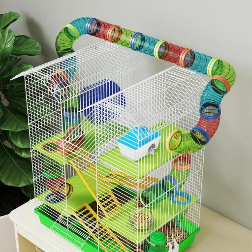 Jaula para Hámster de 5 Niveles 47x30x59 cm con Túnel Comedero Bebedero Casita Rueda de Ejercicio Escaleras Verde [6]