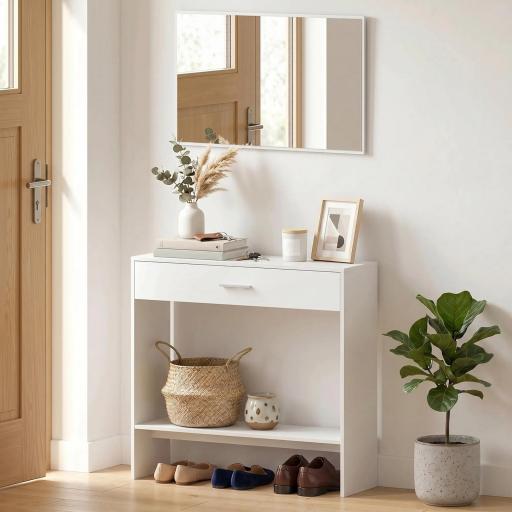 Recibidor de Entrada con Espejo Cajón y Estante Mueble de Recibidor para Pasillo 91,5x27,9x85,5 cm Blanco [2]
