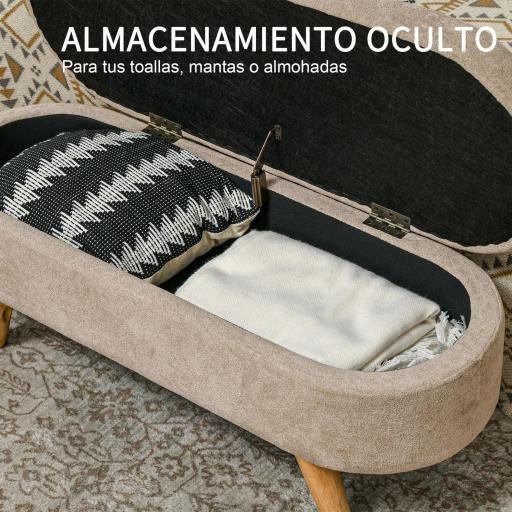 Banco de Almacenaje con Patas de Madera y Asiento Acolchado Carga 120 kg Puff Almacenaje Ovalado Beige [5]