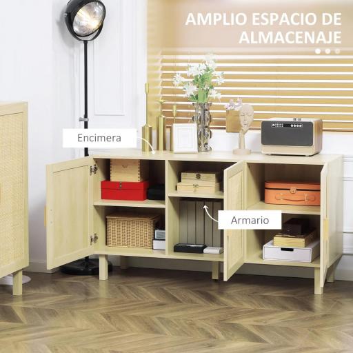 Aparador 3 Puertas de Rejilla de Ratán con Estantes Ajustables para Comedor Entrada Dormitorio Natural 136x41x70 cm [2]