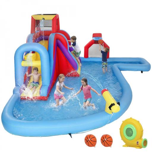 Castillo Hinchable Acuático con Soplador 550W Tobogán Pared de Escalada Piscina Aro de Baloncesto Portería de Fútbol [8]