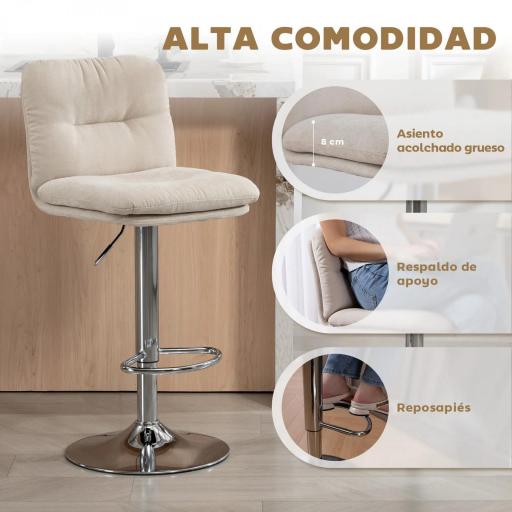 Juego de 2 Taburetes Altos de Cocina Giratorios Tapizados de Lino con Altura Ajustable Respaldo y Reposapiés Beige [3]