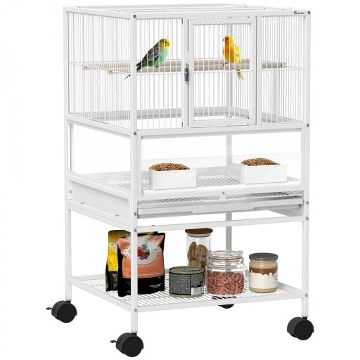 Jaula para Pájaros con Paneles Acrílicos Comederos Soporte Ruedas y Estante Inferior 48x46x83 cm Blanco [8]