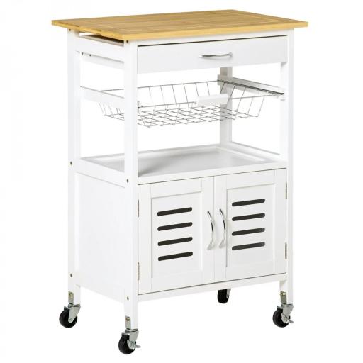 Carrito de Cocina con Ruedas Carro de Almacenamiento Multiuso con Encimera de Bambú Cajón Cesta Metálica y Armario de 2 Puertas de Persiana 58x37x85,5 cm Blanco [3]