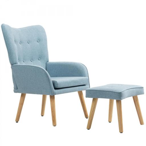 Sillón con Reposapiés Sillón Lectura con Respaldo Alto Capitoné Patas de Madera y Tapizado en Lino Azul Claro [9]