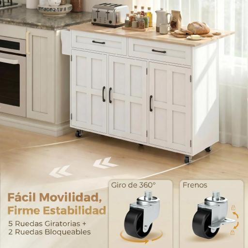 Isla de Cocina con Encimera Extensible Ruedas 2 Cajones 3 Armarios Estantes en la Puerta Toallero Blanco [5]