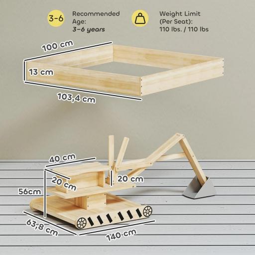Arenero para Niños de Madera con Excavadora Arenero Infantil con Asiento Giratorio 360° y Forro 184x90x56 cm Natural [1]