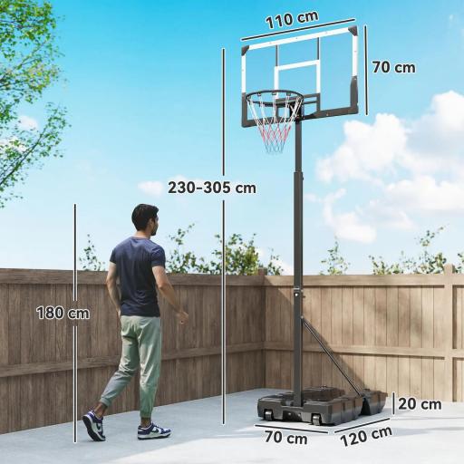 Canasta de Baloncesto para Exterior Ajustable de 230-305 cm con Tablero Irrompible Base Rellenable y Ruedas Negro [1]