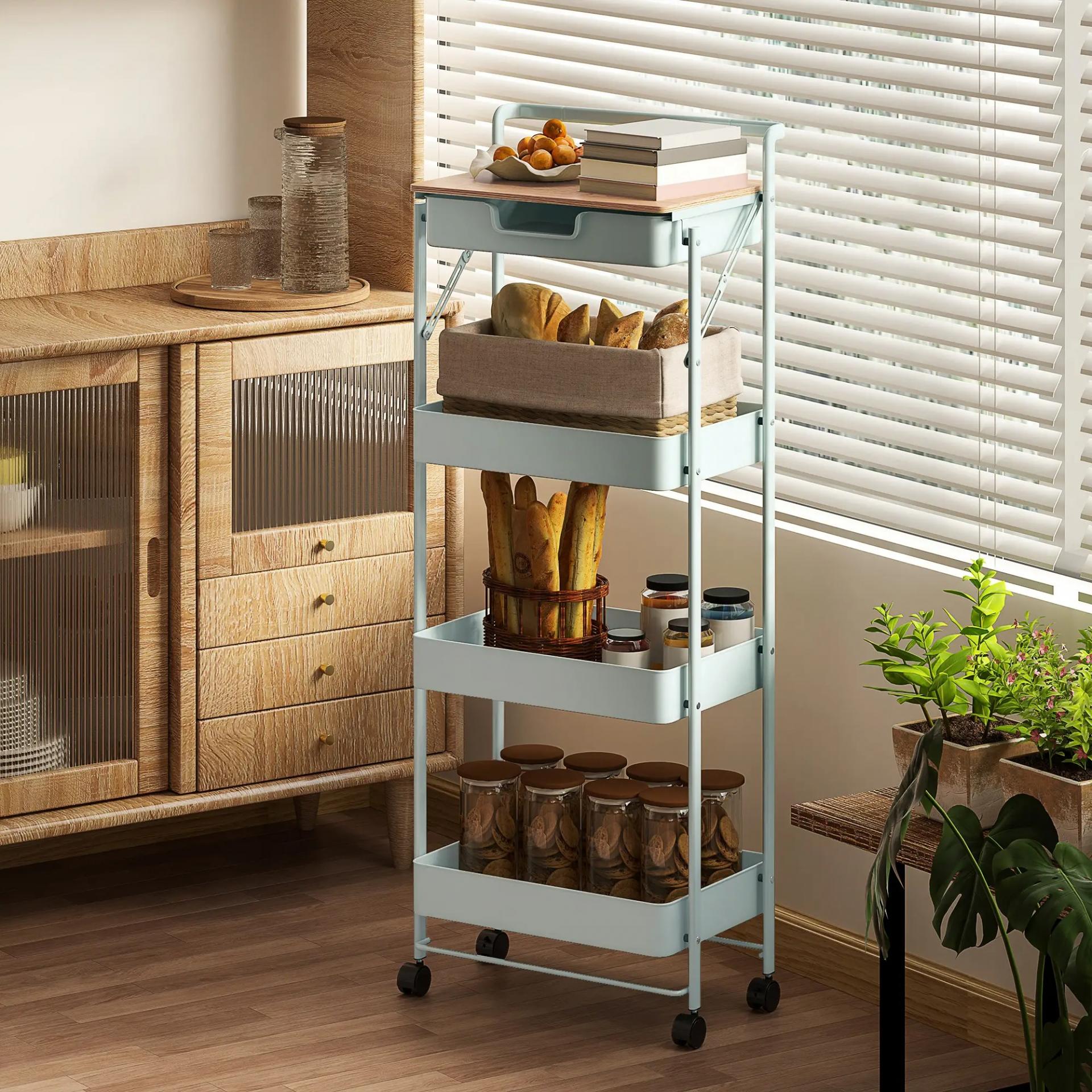 Carrito Auxiliar con Ruedas de 4 Niveles con Cajón Encimera y Cestas de Rejilla para Dormitorio Baño Cocina Verde Claro